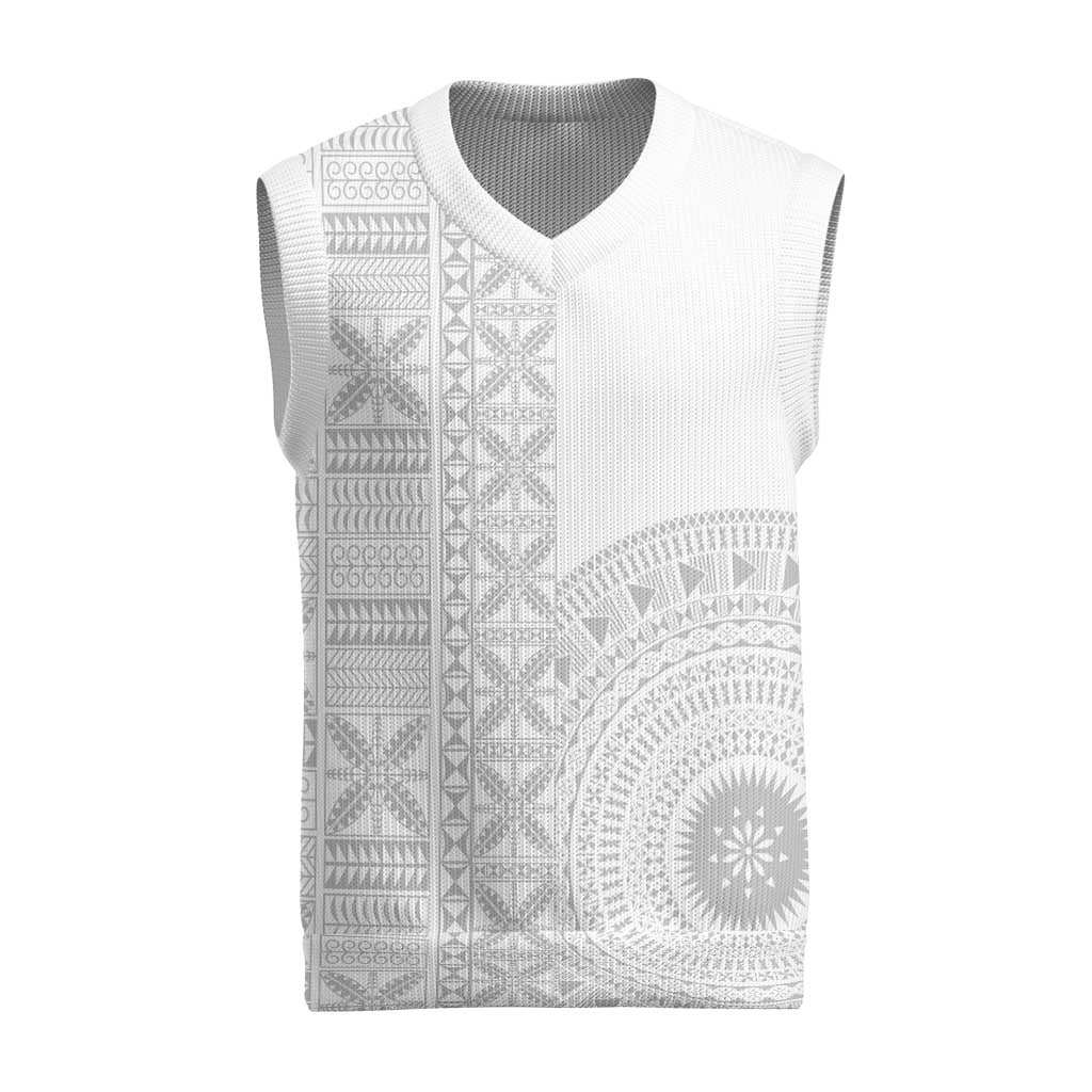 Niue White Sunday Christmas Knitted V-Neck Vest Half Hiapo Pattern Vibes LT14 White - Polynesian Pride