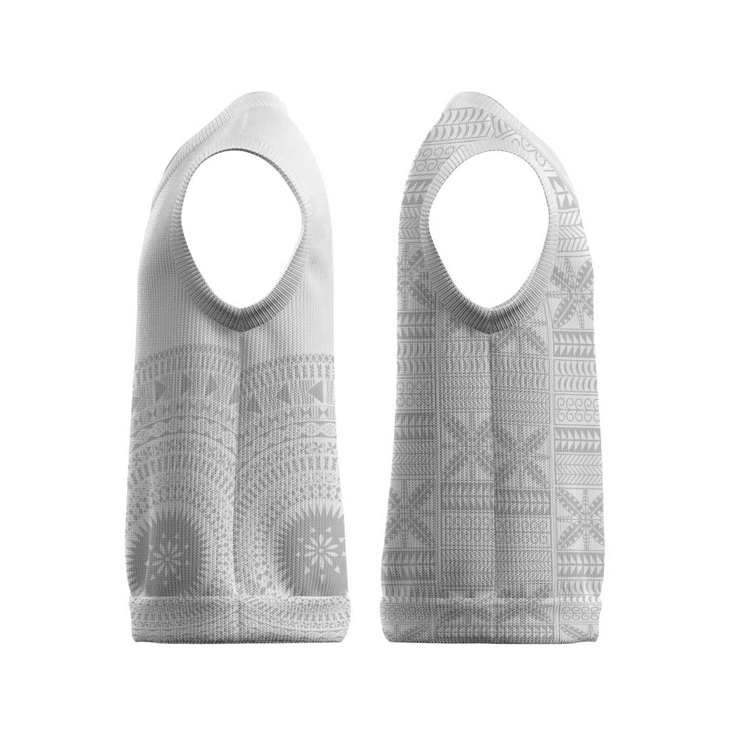 Niue White Sunday Christmas Knitted V-Neck Vest Half Hiapo Pattern Vibes LT14 - Polynesian Pride
