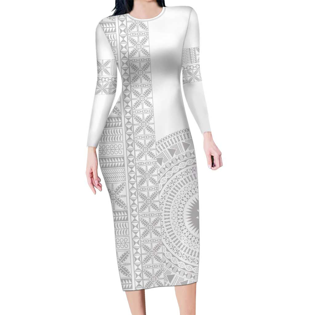 Niue White Sunday Long Sleeve Bodycon Dress Half Hiapo Pattern Vibes LT14 Long Dress White - Polynesian Pride