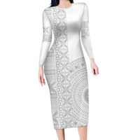 Niue White Sunday Long Sleeve Bodycon Dress Half Hiapo Pattern Vibes LT14 Long Dress White - Polynesian Pride