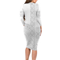 Niue White Sunday Long Sleeve Bodycon Dress Half Hiapo Pattern Vibes LT14 - Polynesian Pride