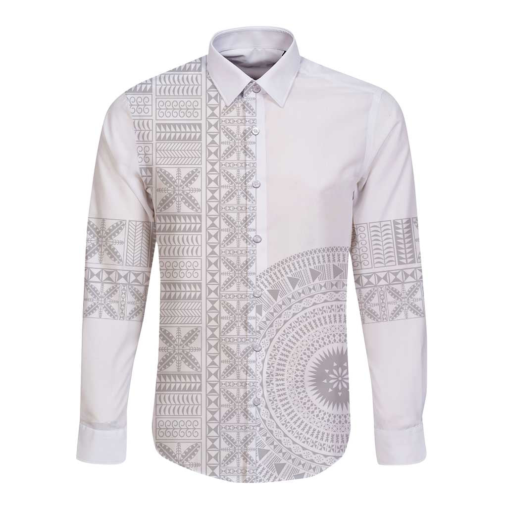 Niue White Sunday Long Sleeve Button Shirt Half Hiapo Pattern Vibes LT14 Unisex White - Polynesian Pride