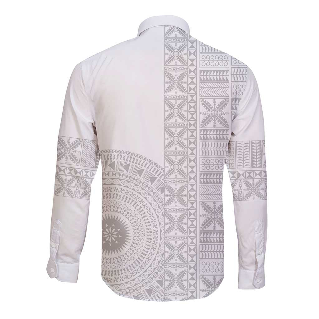 Niue White Sunday Long Sleeve Button Shirt Half Hiapo Pattern Vibes LT14 - Polynesian Pride