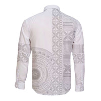 Niue White Sunday Long Sleeve Button Shirt Half Hiapo Pattern Vibes LT14 - Polynesian Pride