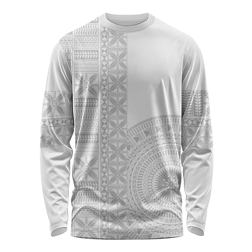 Niue White Sunday Long Sleeve Shirt Half Hiapo Pattern Vibes LT14 Unisex White - Polynesian Pride