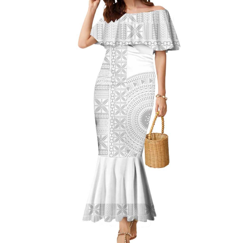 Niue White Sunday Mermaid Dress Half Hiapo Pattern Vibes LT14 Women White - Polynesian Pride