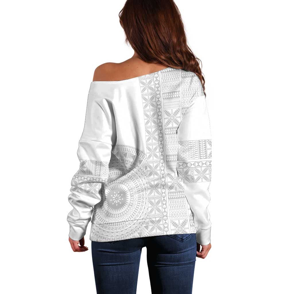 Niue White Sunday Off Shoulder Sweater Half Hiapo Pattern Vibes LT14 - Polynesian Pride