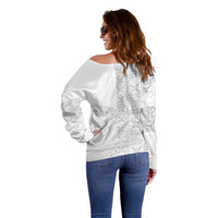 Niue White Sunday Off Shoulder Sweater Half Hiapo Pattern Vibes LT14 - Polynesian Pride