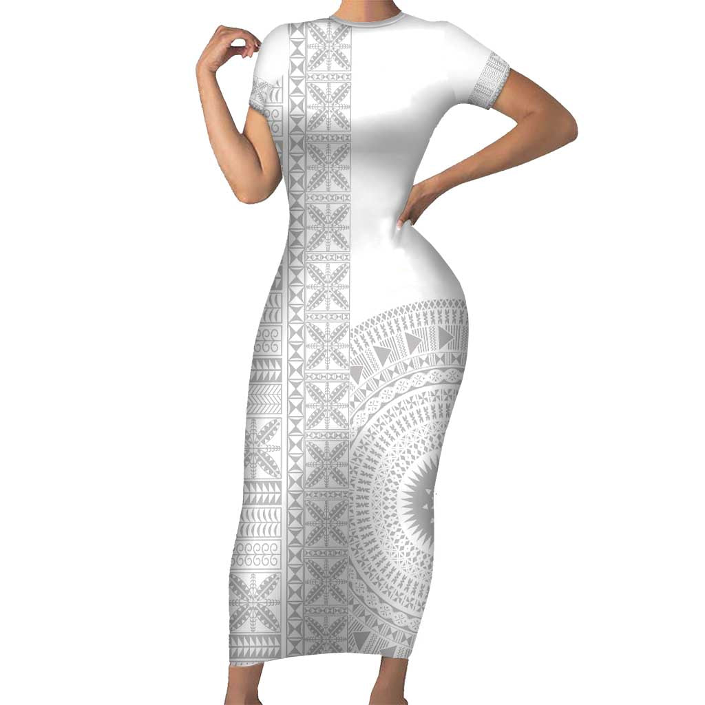Niue White Sunday Short Sleeve Bodycon Dress Half Hiapo Pattern Vibes LT14 Long Dress White - Polynesian Pride