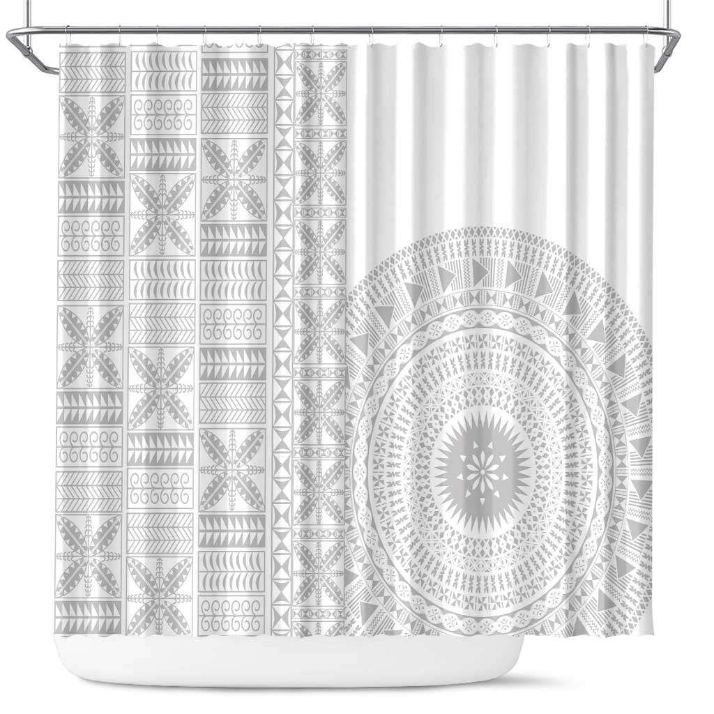 Niue White Sunday Shower Curtain Half Hiapo Pattern Vibes LT14 White - Polynesian Pride