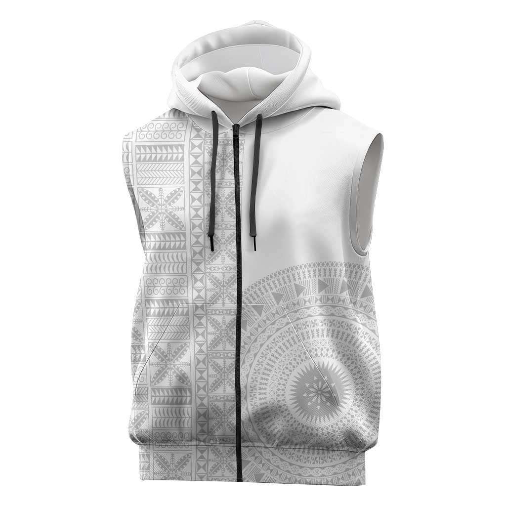 Niue White Sunday Sleeveless Zip Hoodie Half Hiapo Pattern Vibes LT14 White - Polynesian Pride