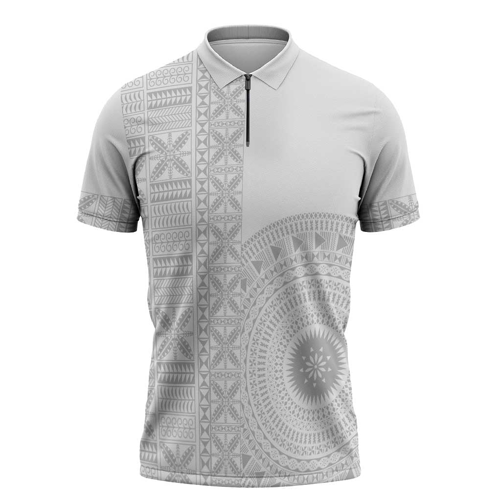 Niue White Sunday Zipper Polo Shirt Half Hiapo Pattern Vibes LT14 White - Polynesian Pride