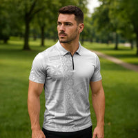 Niue White Sunday Zipper Polo Shirt Half Hiapo Pattern Vibes LT14 - Polynesian Pride