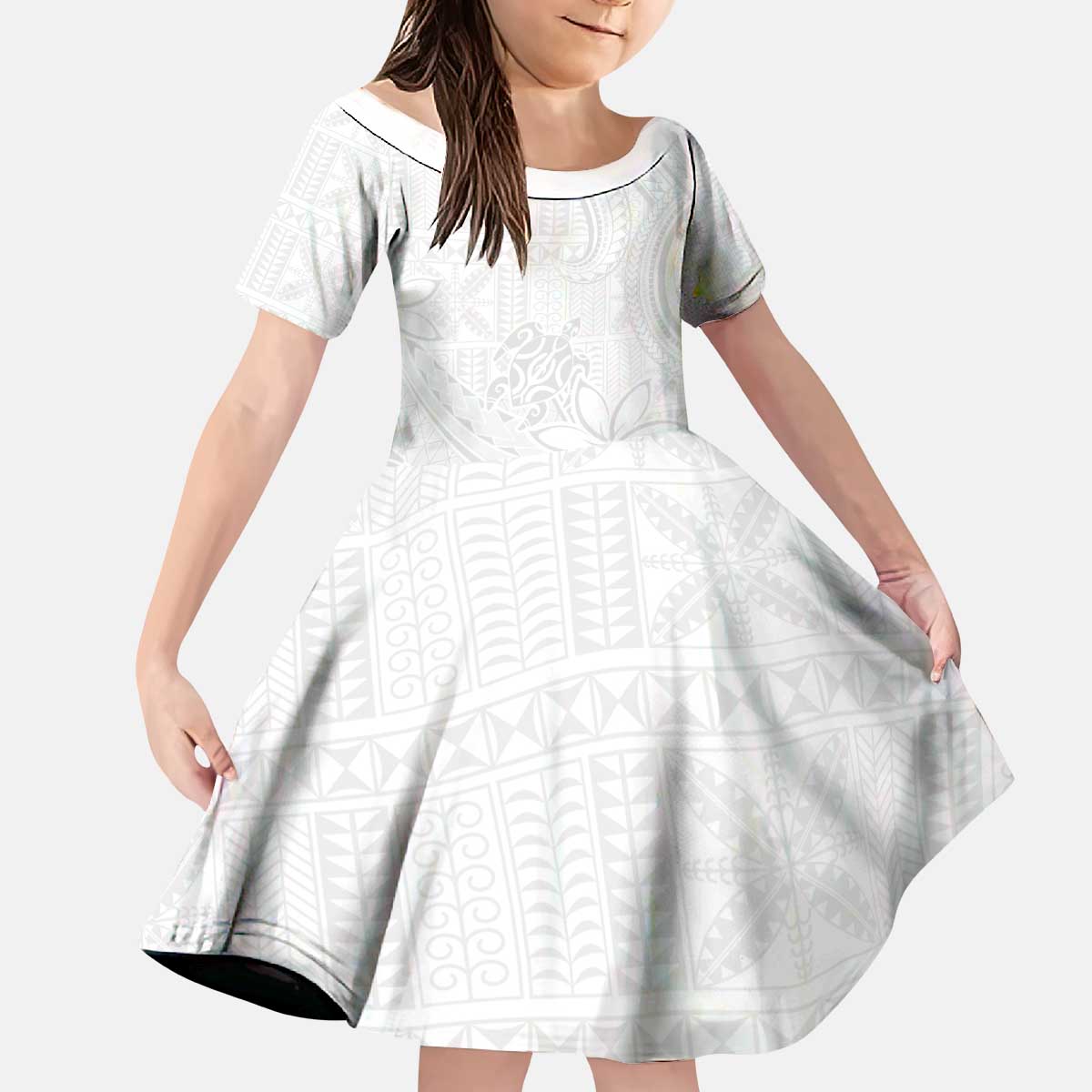 Tapu Fanau Ia Niue Kid Short Sleeve Dress Happy White Sunday Unique Hiapo LT14 KID White - Polynesian Pride