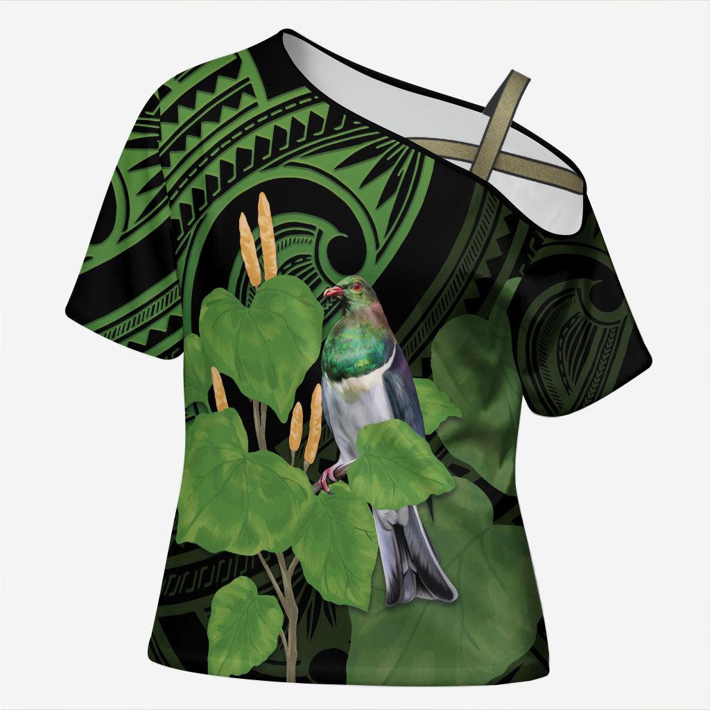 Kawakawa Rongoa Maori Kereru New Zealand Cross Shoulder Shirt LT14 Female Green - Polynesian Pride