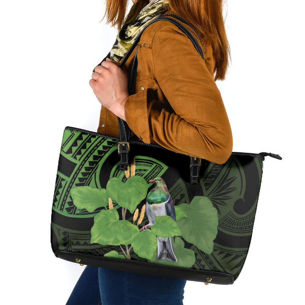 Kawakawa Rongoa Maori Kereru New Zealand Leather Tote Bag LT14 Green - Polynesian Pride