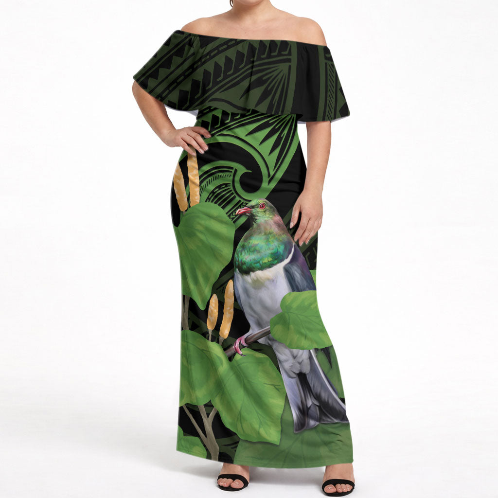 Kawakawa Rongoa Maori Kereru New Zealand Off Shoulder Maxi Dress LT14 Women Green - Polynesian Pride