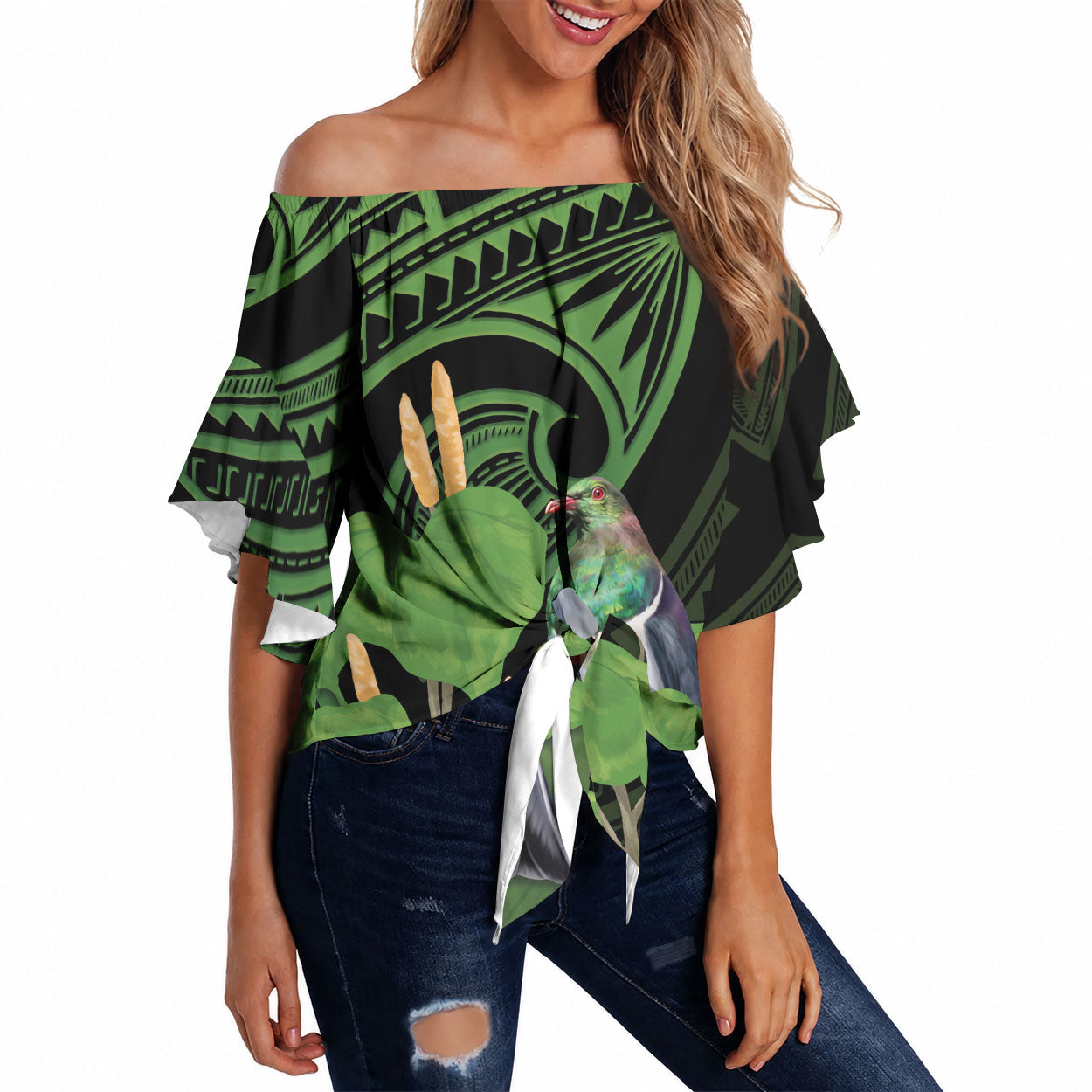 Kawakawa Rongoa Maori Kereru New Zealand Off Shoulder Wrap Waist Top LT14 Green - Polynesian Pride