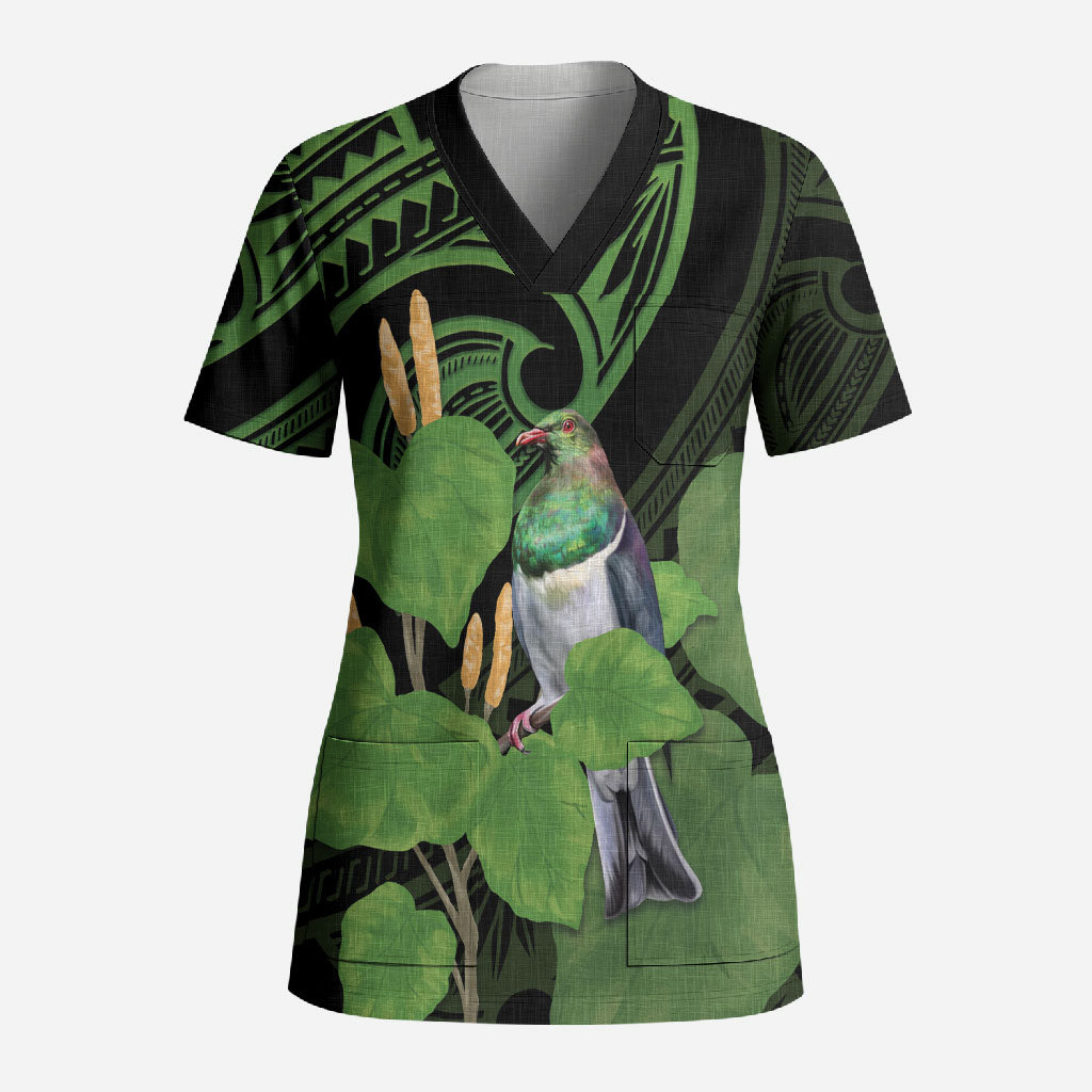 Kawakawa Rongoa Maori Kereru New Zealand Scrub Top LT14 Adult Green - Polynesian Pride