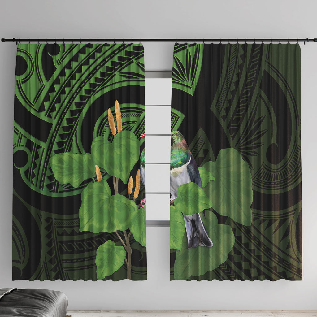 Kawakawa Rongoa Maori Kereru New Zealand Window Curtain LT14 With Hooks Green - Polynesian Pride