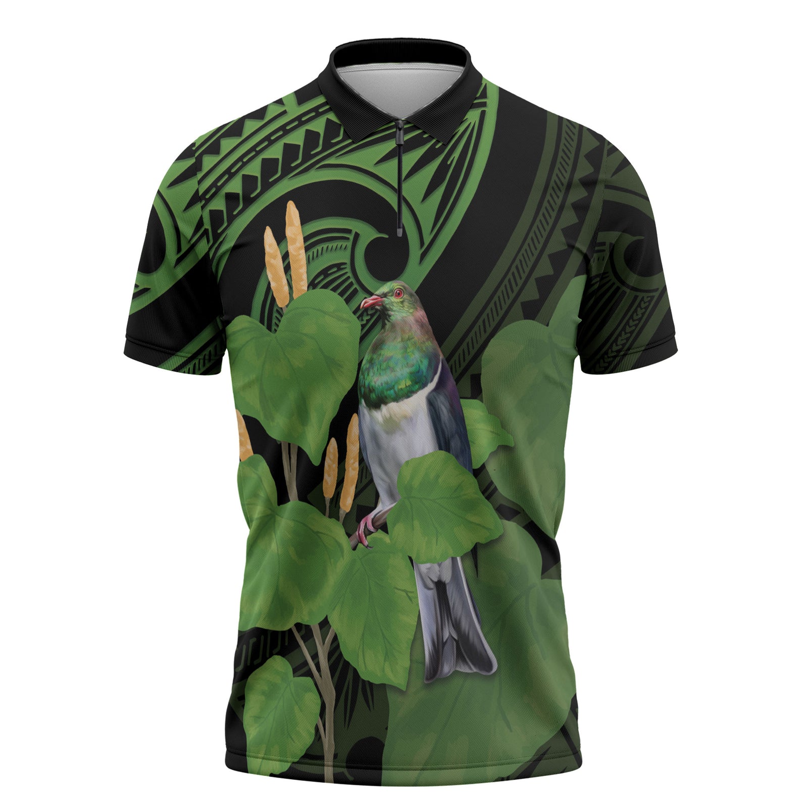Kawakawa Rongoa Maori Kereru New Zealand Zipper Polo Shirt LT14 Green - Polynesian Pride