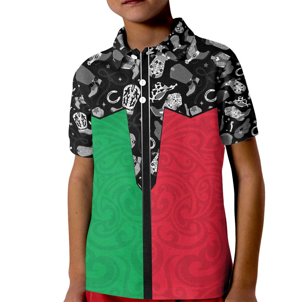 Vanuatu Cowboy Kid Polo Shirt Cowboy Symbols Split Stylized LT14 Kid Green - Polynesian Pride
