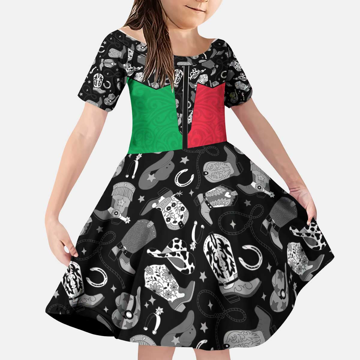 Vanuatu Cowboy Kid Short Sleeve Dress Cowboy Symbols Split Stylized LT14 KID Green - Polynesian Pride
