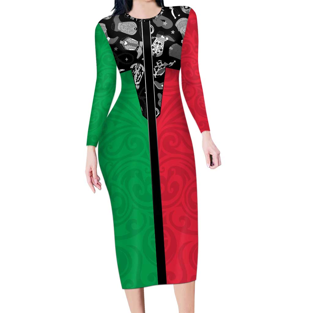 Vanuatu Cowboy Long Sleeve Bodycon Dress Cowboy Symbols Split Stylized LT14 Long Dress Green - Polynesian Pride