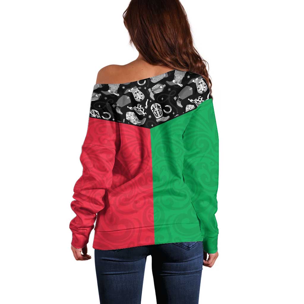 Vanuatu Cowboy Off Shoulder Sweater Cowboy Symbols Split Stylized LT14 - Polynesian Pride