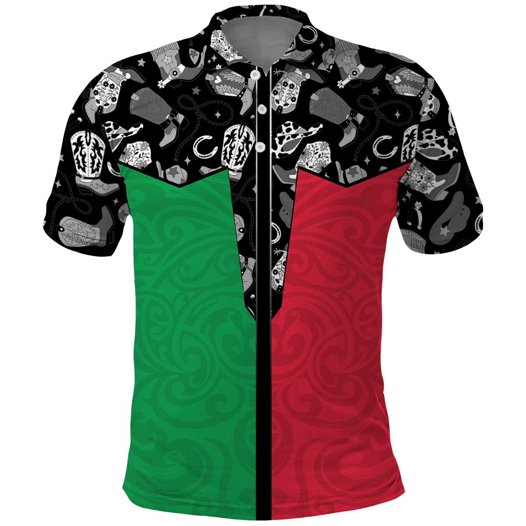 Vanuatu Cowboy Polo Shirt Cowboy Symbols Split Stylized LT14 Green - Polynesian Pride