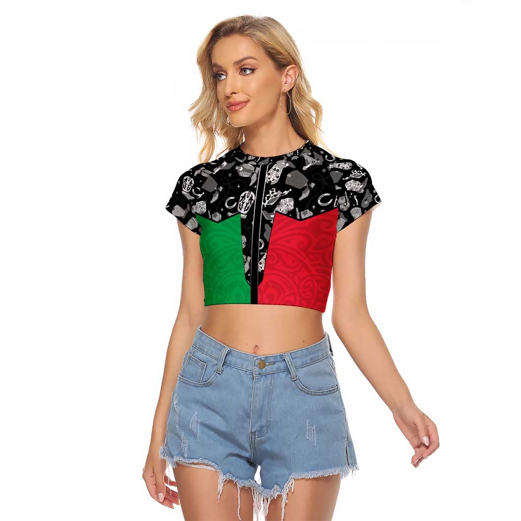 Vanuatu Cowboy Raglan Cropped T Shirt Cowboy Symbols Split Stylized LT14 Female Green - Polynesian Pride