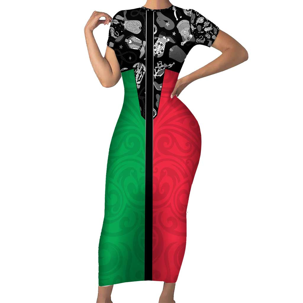 Vanuatu Cowboy Short Sleeve Bodycon Dress Cowboy Symbols Split Stylized LT14 Long Dress Green - Polynesian Pride
