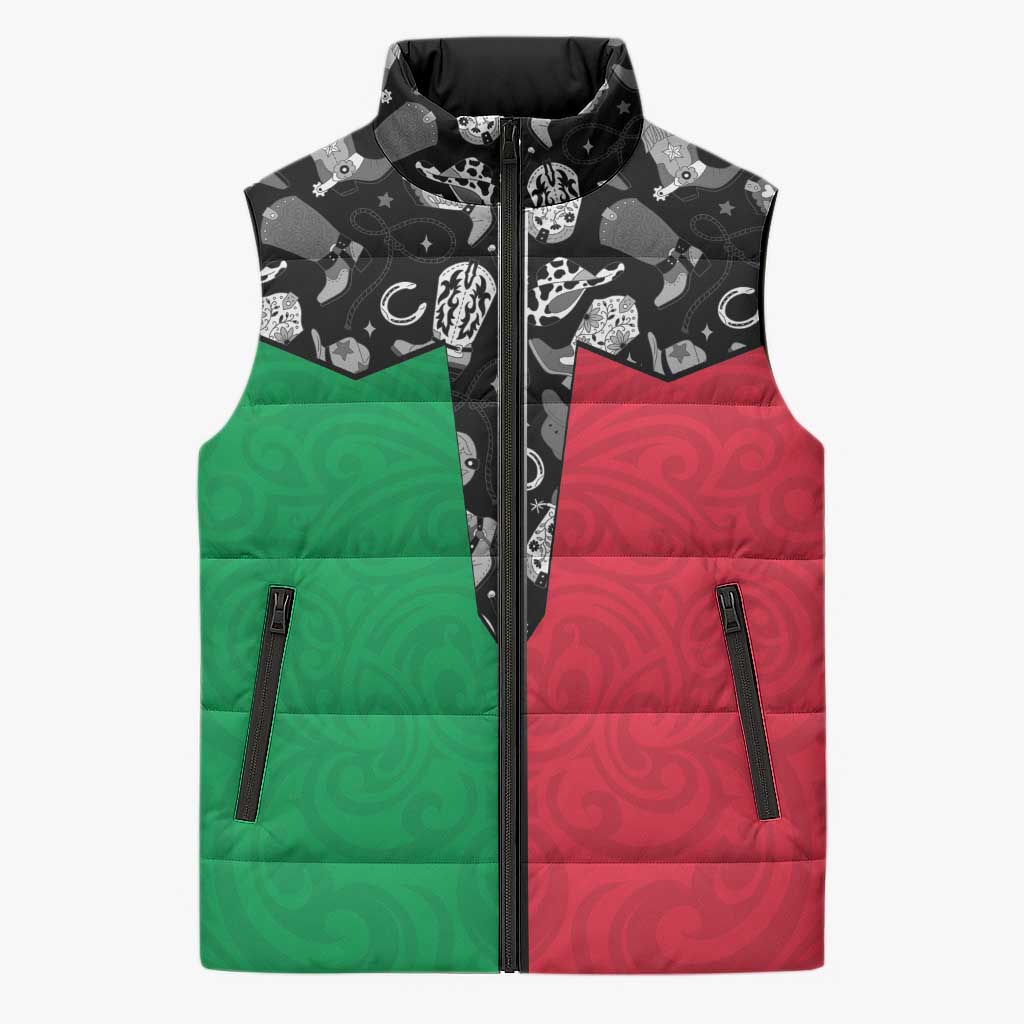 Vanuatu Cowboy Sleeveless Puffer Jacket Cowboy Symbols Split Stylized LT14 Unisex Green - Polynesian Pride