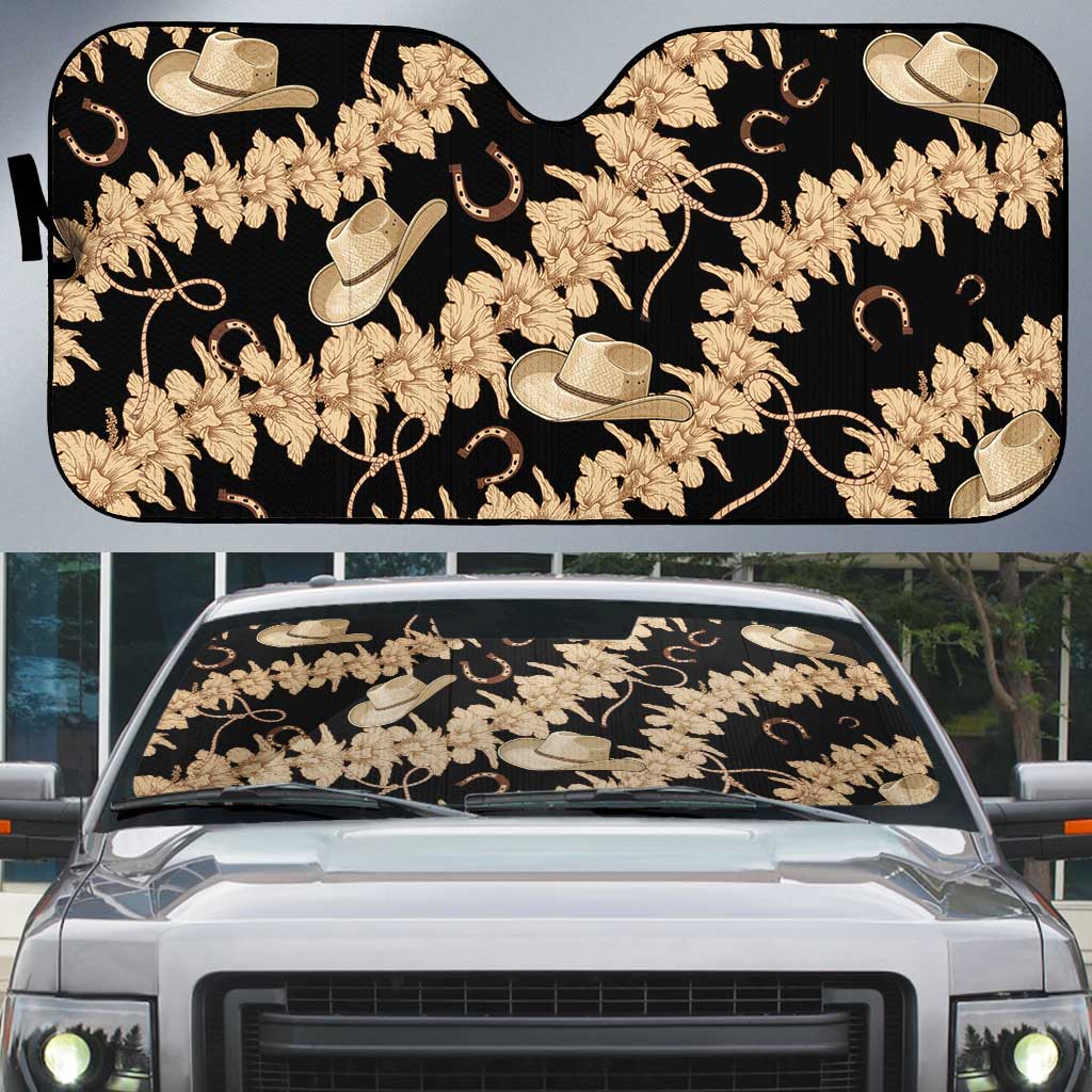 Vanuatu Cowboy Auto Sun Shade Seamless Straw Hats Hibiscus LT14 Black - Polynesian Pride