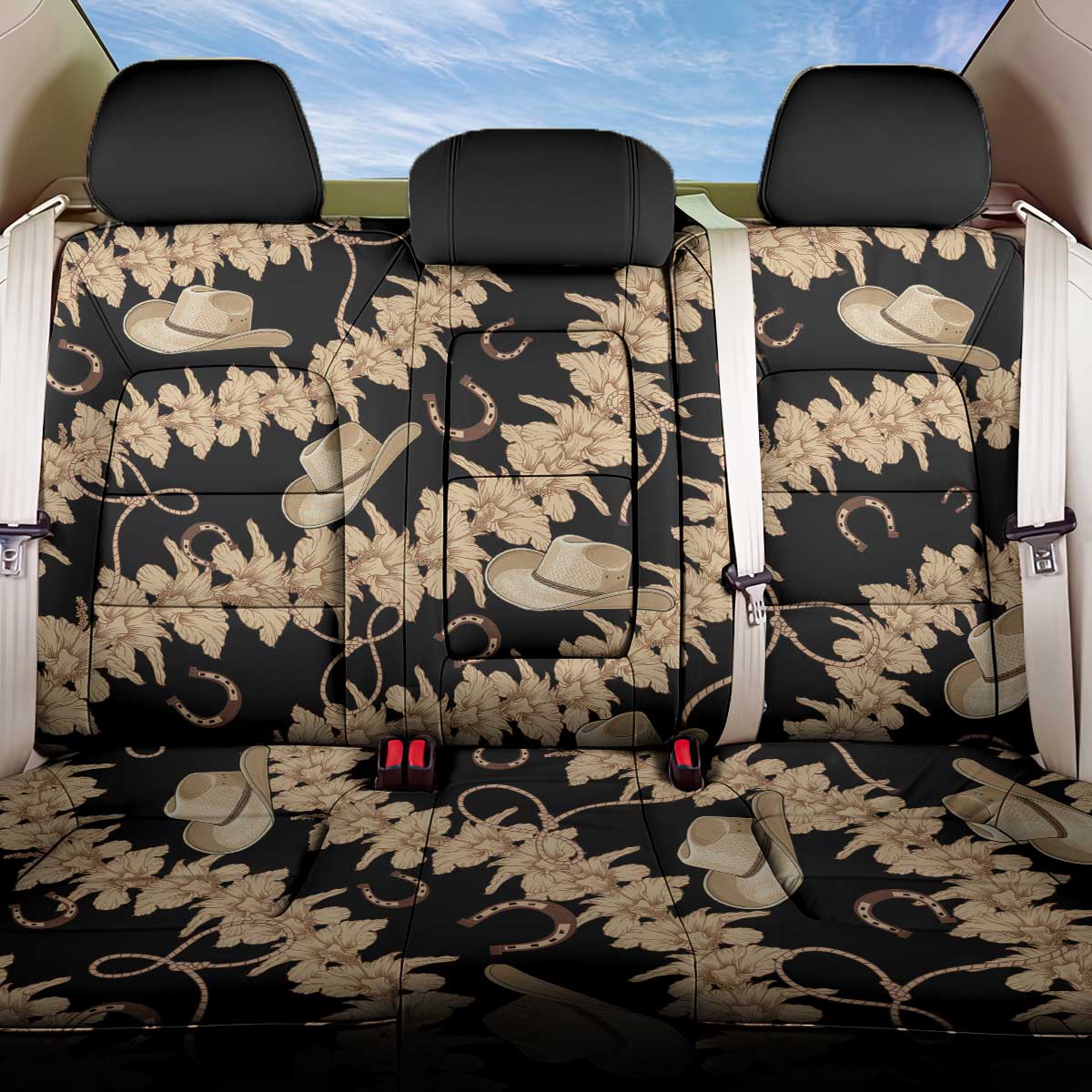 Vanuatu Cowboy Back Car Seat Cover Seamless Straw Hats Hibiscus LT14 One Size Black - Polynesian Pride