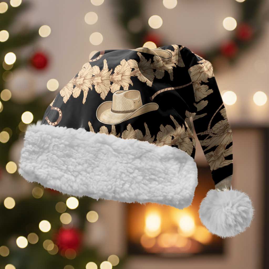 Vanuatu Cowboy Christmas Santa Hat Seamless Straw Hats Hibiscus LT14 With Fur Black - Polynesian Pride