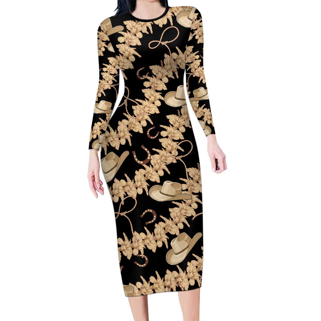 Vanuatu Cowboy Long Sleeve Bodycon Dress Seamless Straw Hats Hibiscus LT14 Long Dress Black - Polynesian Pride