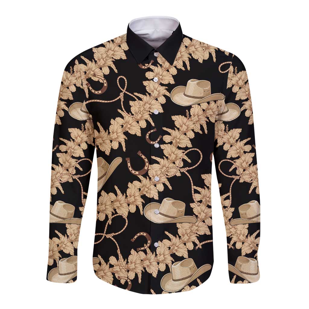 Vanuatu Cowboy Long Sleeve Button Shirt Seamless Straw Hats Hibiscus LT14 Unisex Black - Polynesian Pride