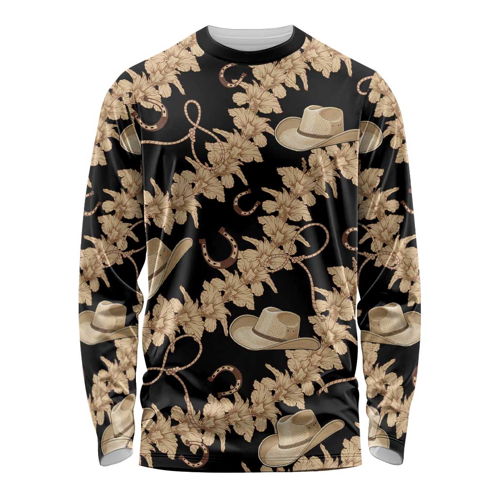 Vanuatu Cowboy Long Sleeve Shirt Seamless Straw Hats Hibiscus LT14 Unisex Black - Polynesian Pride