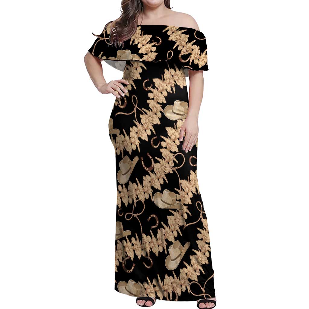 Vanuatu Cowboy Off Shoulder Maxi Dress Seamless Straw Hats Hibiscus LT14 Women Black - Polynesian Pride