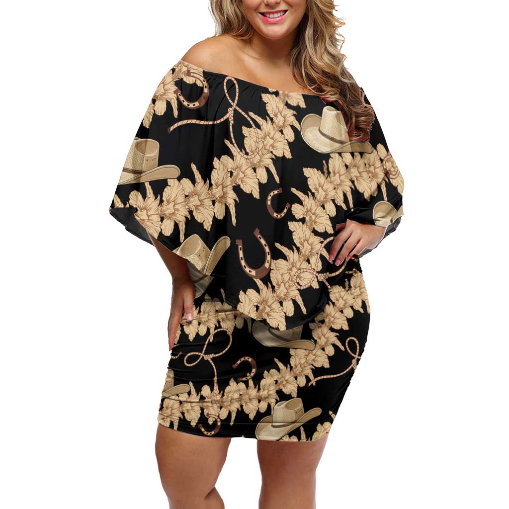 Vanuatu Cowboy Off Shoulder Short Dress Seamless Straw Hats Hibiscus LT14 Women Black - Polynesian Pride