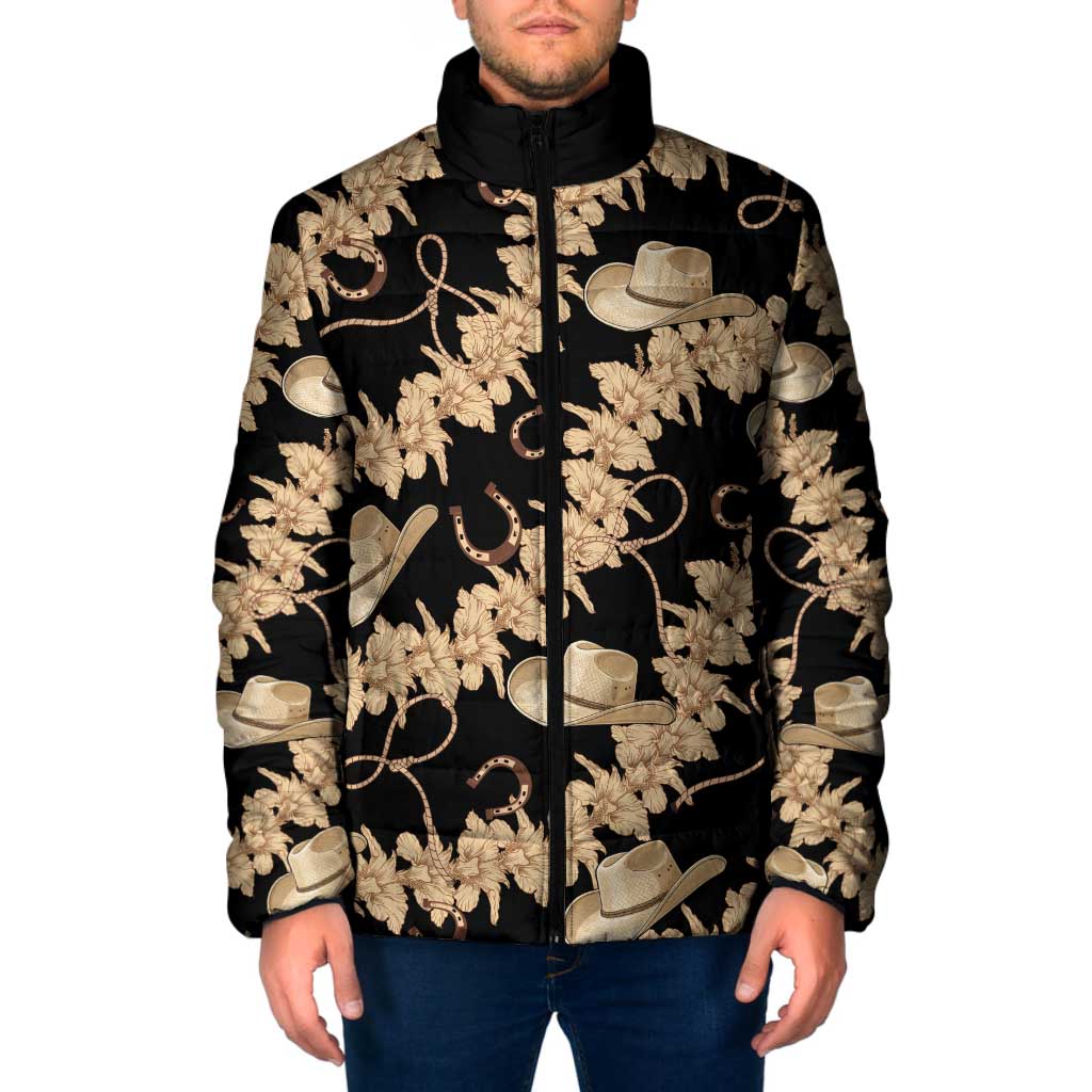 Vanuatu Cowboy Padded Jacket Seamless Straw Hats Hibiscus LT14 Men Black - Polynesian Pride