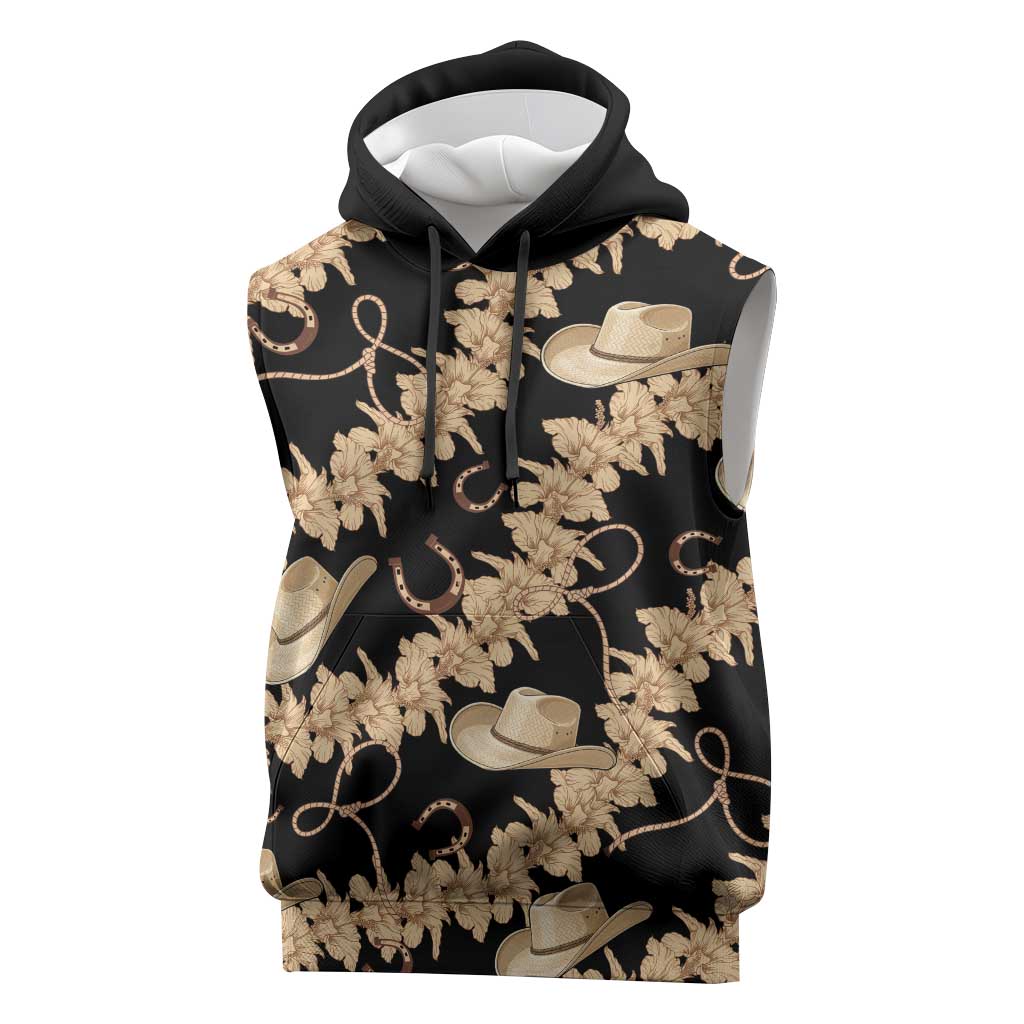Vanuatu Cowboy Sleeveless Hoodie Seamless Straw Hats Hibiscus LT14 Black - Polynesian Pride