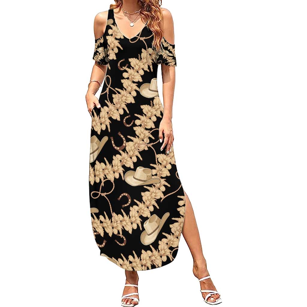 Vanuatu Cowboy Summer Maxi Dress Seamless Straw Hats Hibiscus LT14 Women Black - Polynesian Pride