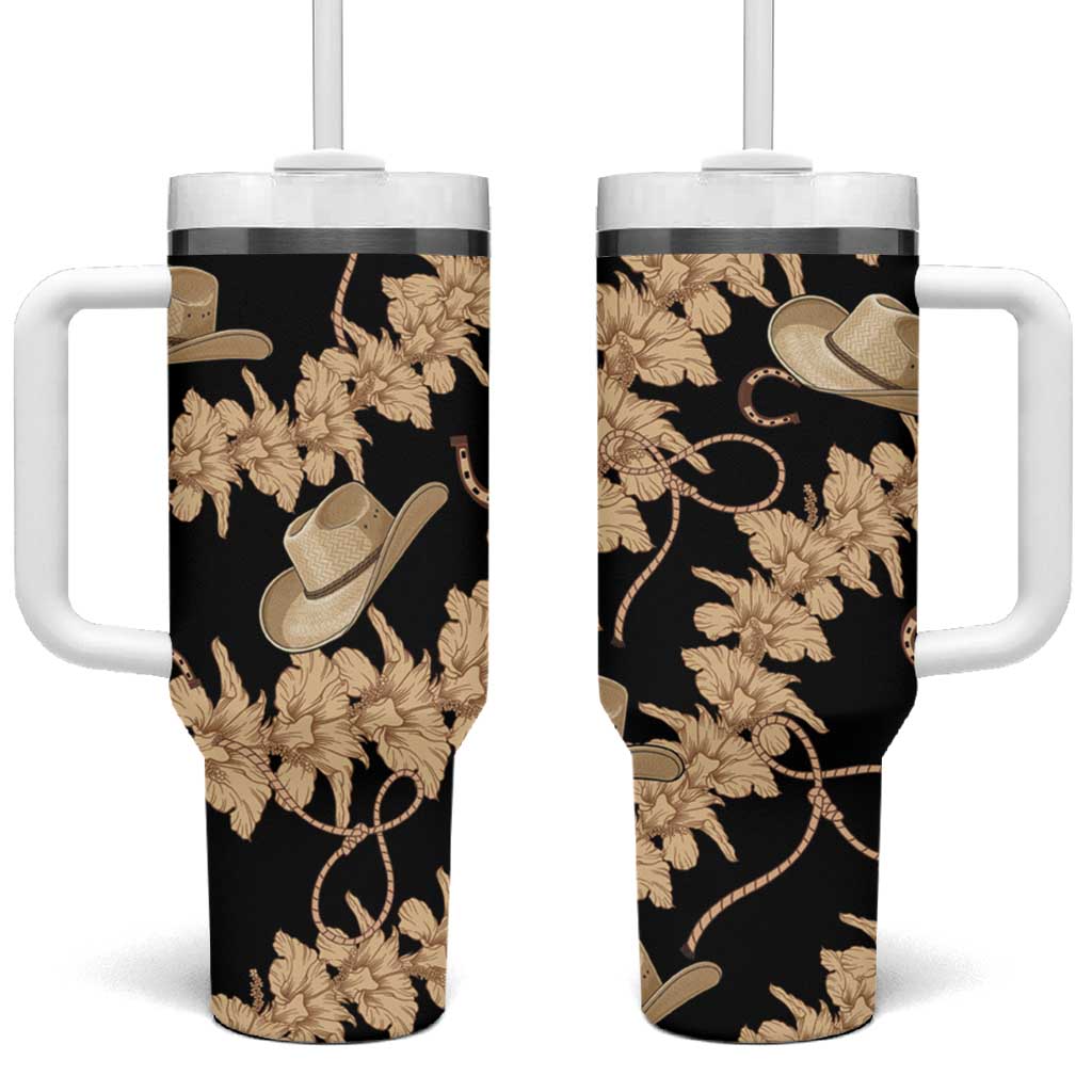 Vanuatu Cowboy Tumbler With Handle Seamless Straw Hats Hibiscus LT14 One Size: 40 oz Black - Polynesian Pride
