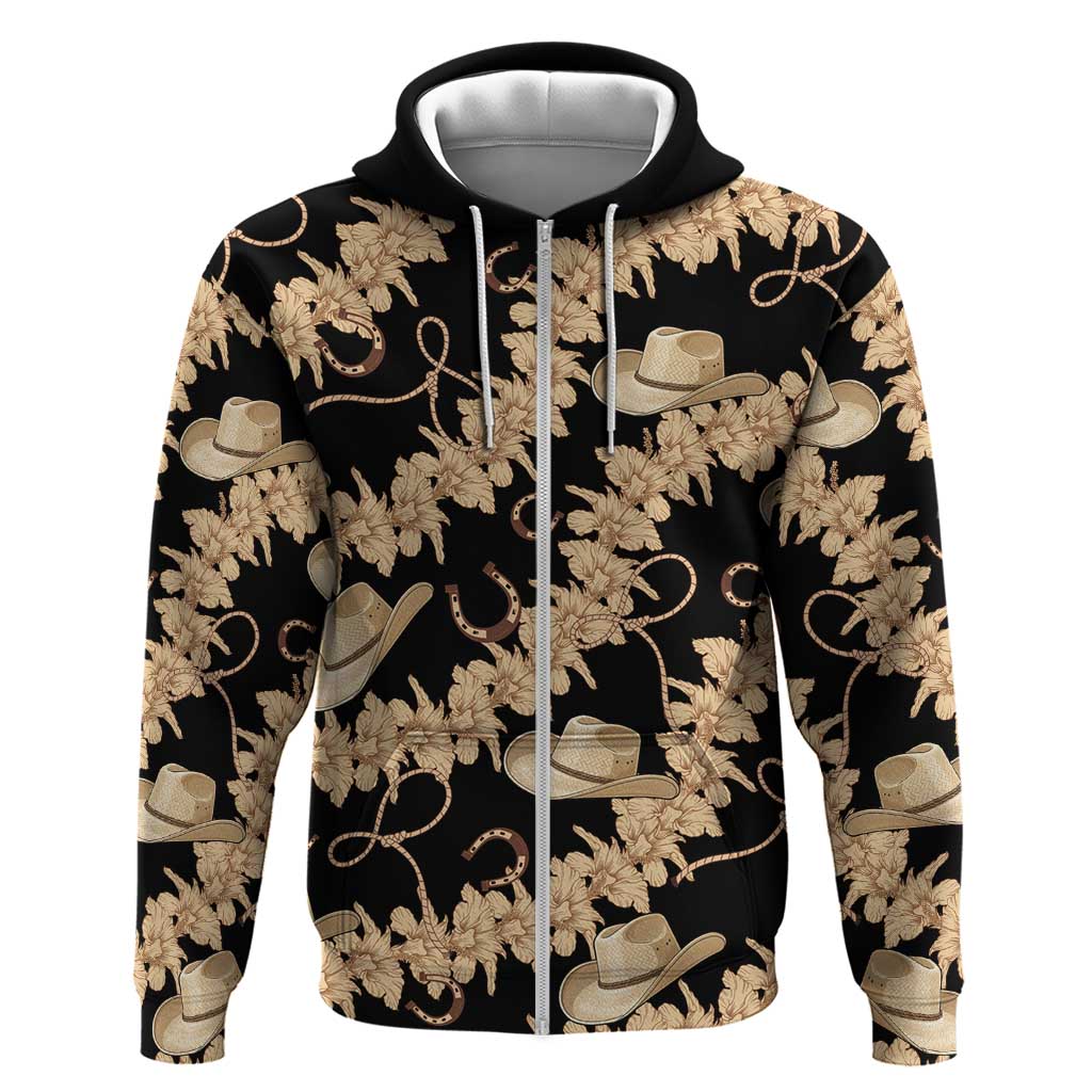 Vanuatu Cowboy Zip Hoodie Seamless Straw Hats Hibiscus LT14 Zip Hoodie Black - Polynesian Pride