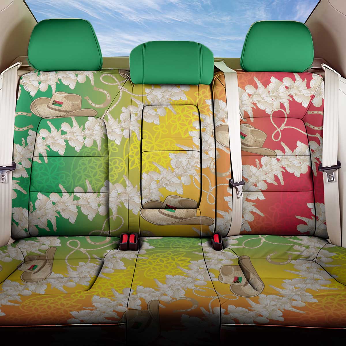 Vanuatu Cowboy Back Car Seat Cover Straw Hats Hibiscus With Sand Drawing LT14 One Size Reggae - Polynesian Pride