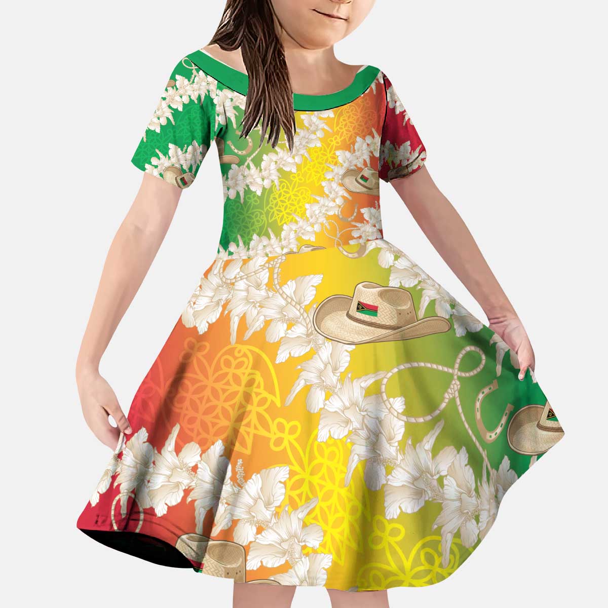 Vanuatu Cowboy Kid Short Sleeve Dress Straw Hats Hibiscus With Sand Drawing LT14 KID Reggae - Polynesian Pride