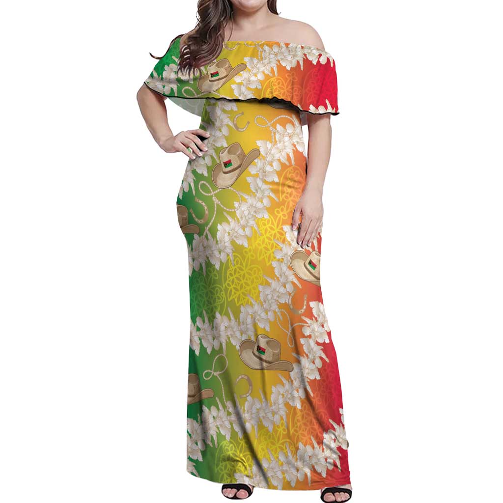 Vanuatu Cowboy Off Shoulder Maxi Dress Straw Hats Hibiscus With Sand Drawing LT14 Women Reggae - Polynesian Pride