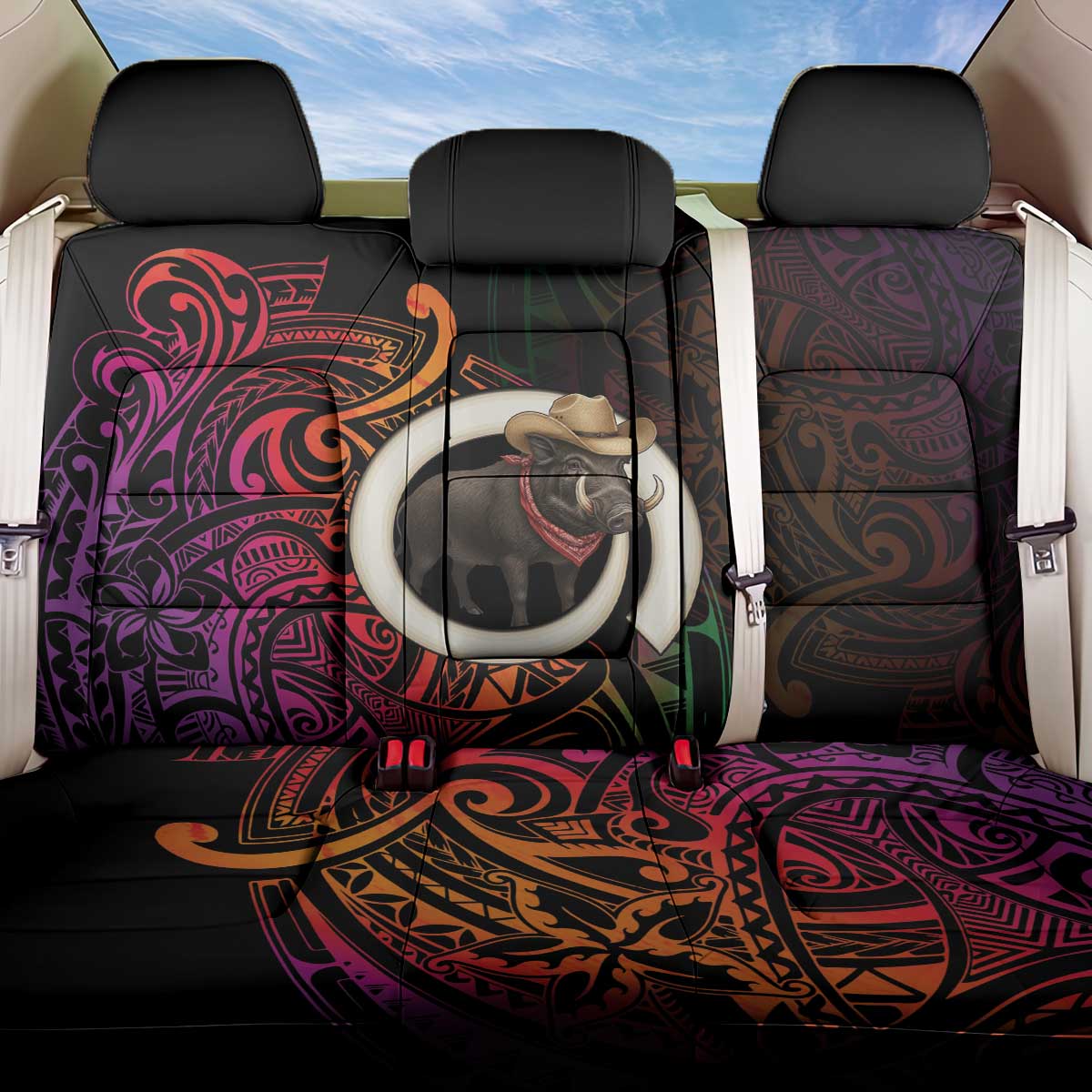 Vanuatu Boar Cowboy Back Car Seat Cover Tusk Gradient Polynesian Pattern LT14 One Size Black - Polynesian Pride